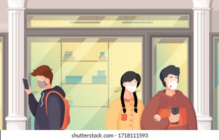 Vector illustration of people wering medical masks during viral pandemia in public place. People break rules of self-isolation walking to shopping mall. People protect themselves with medical masks