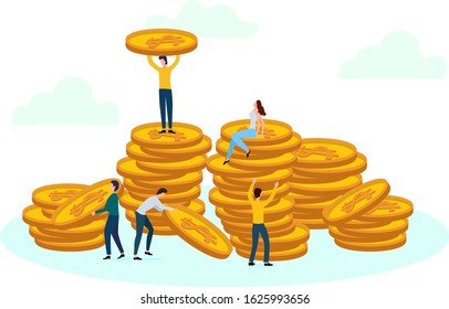Vector illustration. People who count money. The concept of profit, dividends, and business development.