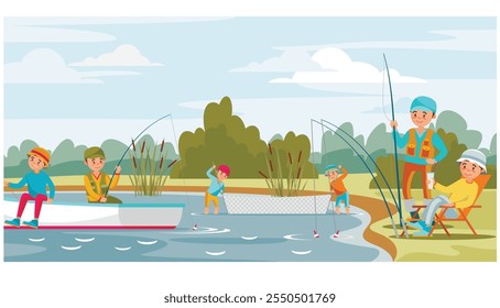 vector illustration of people who like fishing with a flat and elegant design concept