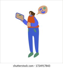 Vector illustration of people who read a newspaper or news on a tablet. A cloud with text or illustration related to news and global events. Hand-drawn images