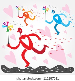 Vector illustration with people who run with colorful whirligig