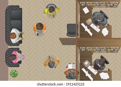 Vector illustration. People at work and office furniture. (top view) Workers and business man and women in their workspace. (view from above)