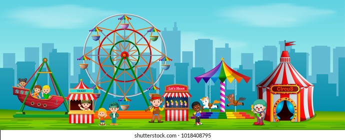 vector illustration of People worker and Children having fun in carnival at daytime