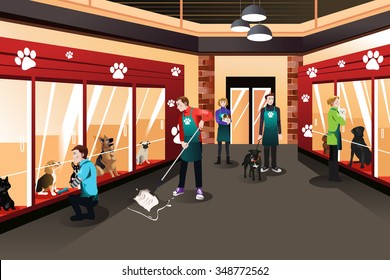 A vector illustration of people working in animal shelter