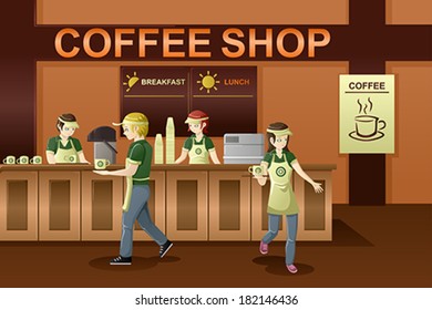 A vector illustration of people working in a coffee shop