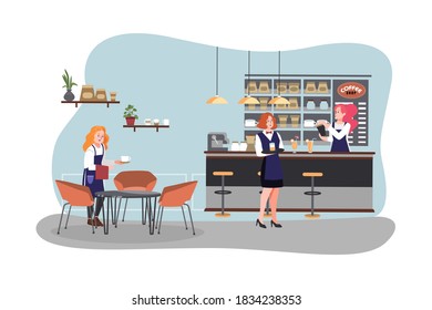 Eine Vektorgrafik von Menschen, die in einem Kaffeehaus arbeiten