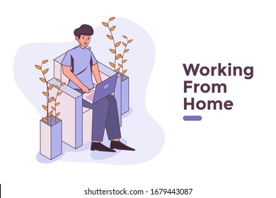 vector illustration people working from home with laptop in online job, freelance life concept, freelancer working a job. can use for web site landing page home page blog ui ux. 