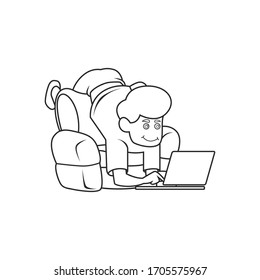Vector Illustration of People Working From Home during COVID-19 pandemic, on the couch while working with a laptop black and white for coloring book