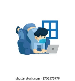 Vector Illustration of People Working From Home during COVID-19 pandemic, on the couch while working with a laptop
