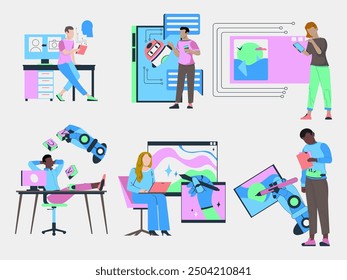 vector illustration of people working with laptops and gadgets. flat design style. isolated on white background.
