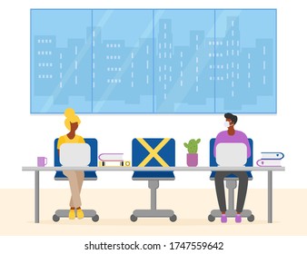 Ilustración vectorial con personas trabajando en la oficina. El distanciamiento social. Nuevo concepto normal y distanciamiento físico. Nuevo comportamiento después de la pandemia del coronavirus COVID-19. Mantén la distancia. Signo de advertencia