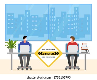 Vector illustration with people working at the office. Social distancing. New normal concept and physical distancing. New behavior after COVID-19 coronavirus pandemic. Keep the distance. Warning sign