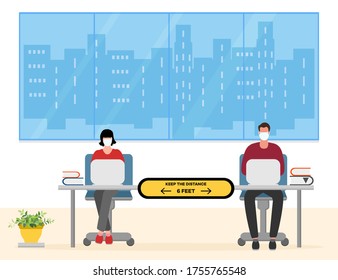 Vector illustration with people working at the office. Social distancing. New normal concept and physical distancing. New behavior after COVID-19 coronavirus pandemic. Keep the distance. Warning sign