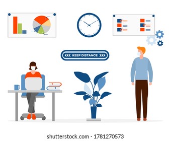Vector illustration with people working at the office. Social distancing. New normal concept and physical distancing. New behavior after COVID-19 coronavirus pandemic. Keep the distance. Warning sign
