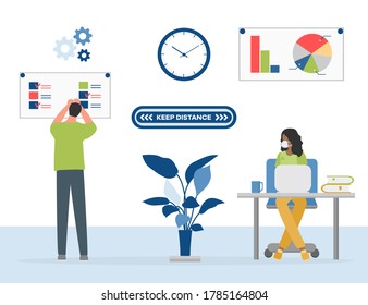 Ilustración vectorial con personas trabajando en la oficina. El distanciamiento social. Nuevo concepto normal y distanciamiento físico. Nuevo comportamiento después de la pandemia del coronavirus COVID-19. Mantén la distancia. Signo de advertencia