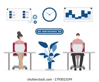 Vector illustration with people working at the office. Social distancing. New normal concept and physical distancing. New behavior after COVID-19 coronavirus pandemic. Keep the distance. Warning sign