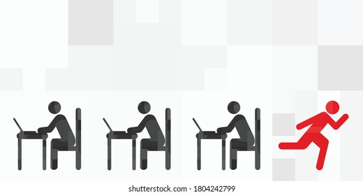vector illustration of people working in office and one person running out