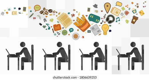 ilustración vectorial de personas que trabajan en oficinas y diferentes suplementos carpetas de comida rápida cafés periódicos