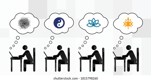 vector illustration of people working in office with cluttered mind and meditation symbols