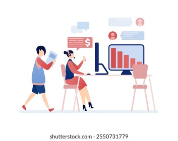 Ilustración vectorial de Personas que trabajan en oficinas que representan a las empresas y las industrias bancarias, ilustrando el trabajo en equipo corporativo, el crecimiento financiero y el éxito profesional