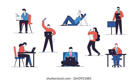 Vector Illustration of People Working in the Office or at Home Flat Minimalist Style
