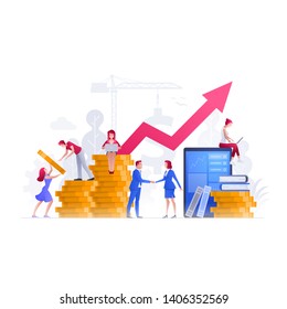 Vector illustration people are working on financial issues together on large screen, coin stacks, graph and building a new achievements. Business finance, investment and teamwork concept. 
