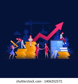 Ilustración vectorial La gente está trabajando juntos en temas financieros en pantalla grande, pilas de monedas, gráficos y la construcción de nuevos logros. Concepto de financiación empresarial, inversión y trabajo en equipo. 