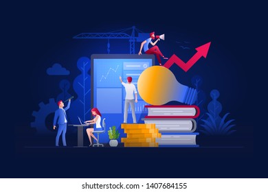 Vector illustration people are working on marketing and financial issues together on large screen and building a new achievements. Business finance, investment and teamwork concept. 