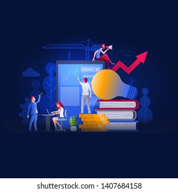 Vector illustration people are working on marketing and financial issues together on large screen and building a new achievements. Business finance, investment and teamwork concept. 