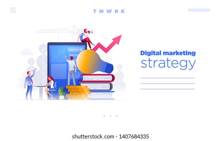 Vektorillustration Illustrationen Menschen arbeiten zusammen an Marketing- und Finanzfragen auf Großbildschirm und bauen neue Errungenschaften auf. Website-Hauptseite-Vorlage.
