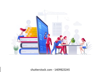 Vector illustration people are working on hiring, human resources and recruitment together. Concept illustration.