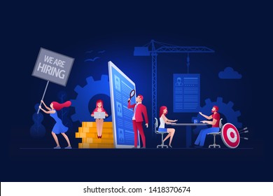 Vector illustration people are working on hiring, human resources and recruitment together. Concept illustration.