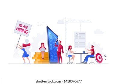 Vector illustration people are working on hiring, human resources and recruitment together. Concept illustration.