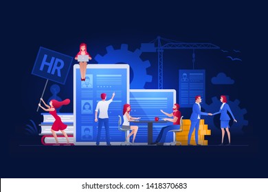 Vector illustration people are working on hiring, human resources and recruitment together. Concept illustration.