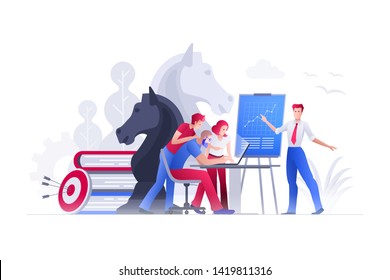Ilustração vetorial As pessoas estão trabalhando em planejamento estratégico, questões financeiras ou estratégias de marketing juntas. Conceito de financiamento empresarial, investimento e trabalho em equipe. 