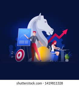 Vector illustration people are working on strategic planning, financial issues or marketing strategies together. Business finance, investment and teamwork concept. 