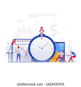 Ilustración vectorial: las personas trabajan juntas en cuestiones financieras durante las veinticuatro horas del día y en el calendario. Concepto de gestión del tiempo de trabajo y trabajo en equipo. 