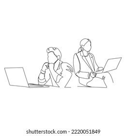 Ilustración vectorial de las personas que trabajan en una laptop diseñada al estilo de la línea