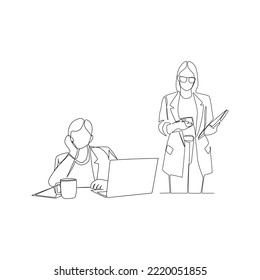 Ilustración vectorial de las personas que trabajan en una laptop diseñada al estilo de la línea