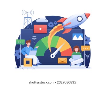 Vector illustration people working on laptop and use high speed internet network technology.
People work with high speed internet connection.
Suitable for web, landing page, presentation, etc.