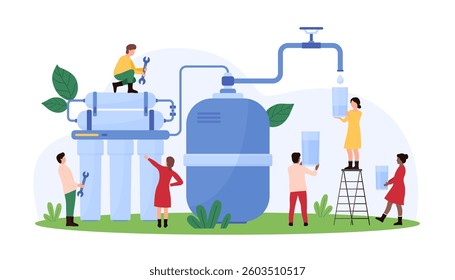 Vector illustration of people working on water filtration systems, highlighting clean water initiatives, sustainability, and environmental conservation. Eco-friendly and water resources
