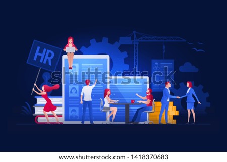 Vector illustration people are working on hiring, human resources and recruitment together. Concept illustration.