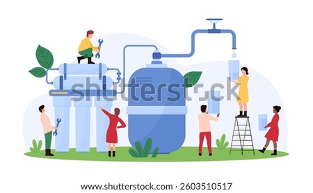 Vector illustration of people working on water filtration systems, highlighting clean water initiatives, sustainability, and environmental conservation. Eco-friendly and water resources