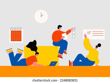 Vector illustration of people working and studying. Concept of completed tasks. Online work.