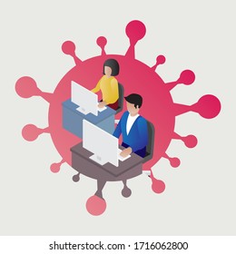 Vector illustration of people working, superimposed in a virus image. 