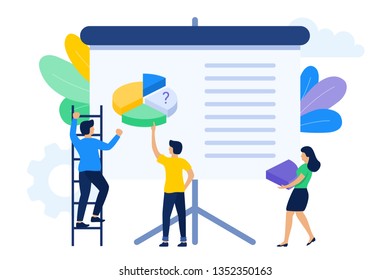 Vector illustration of the people working together on presentation. Creative teamwork, seeking solutions. Illustration of collaboration, flat design style. Isolated Vector