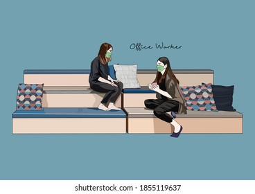 Vector Illustration of People Working Together on Steps Bench, Library