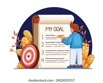 Vector illustration of people writing New Year's resolutions or yearly goals in notebooks, capturing the essence of personal growth and success