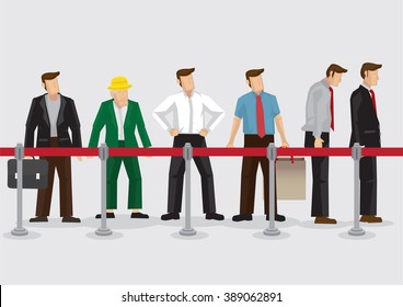 Vector Illustration Of People, Young And Old, Standing In Line Behind Queue Barriers Isolated On Plain Background.