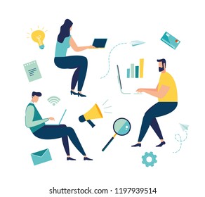 Vector illustration of people in zero gravity at work, business and document management, team thinking and brainstorming. Analytics information about the company